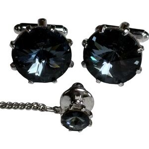New Dante Dark Ice Blue Elegant Silver Cufflinks & Tie Tack Vintage Set